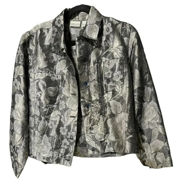 Chicos Jacket Silk Shacket Jacket Sz 0 Gray Pewter Shimmer Textured Button Down - Picture 2 of 9